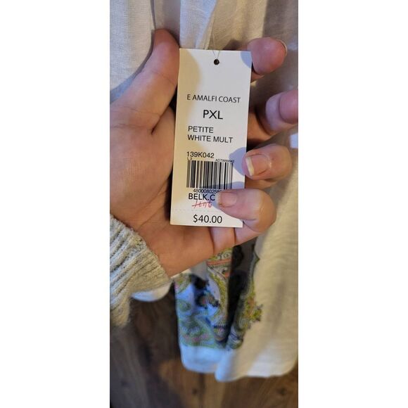 NWT Kim Rogers white open cardigan with blue/green Paisley print at bottom - Picture 6 of 6